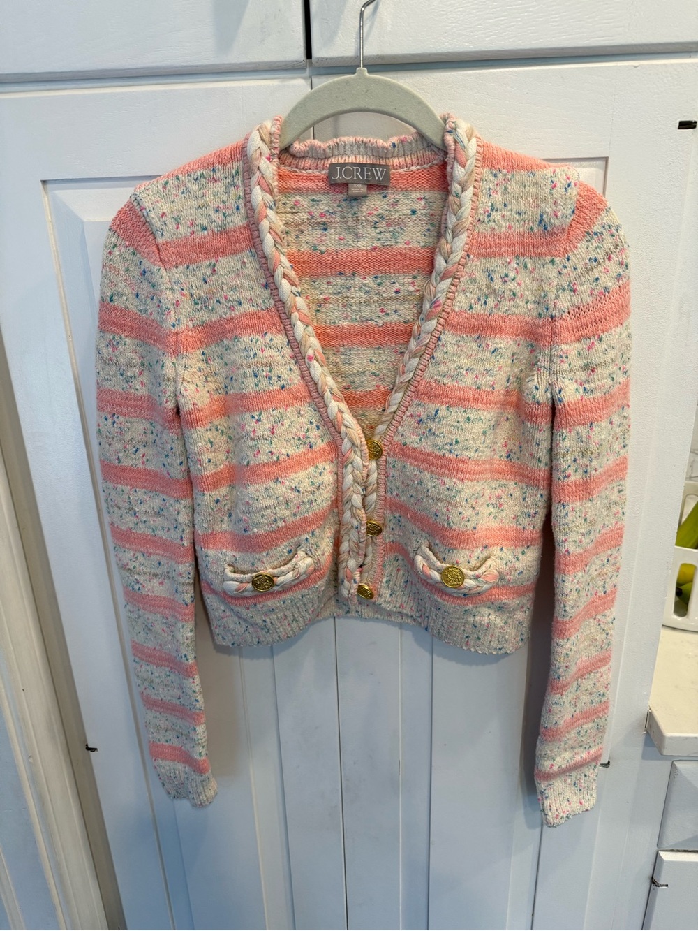 J. Crew Pink and Cream Braided-Trim Cropped Cardigan, new without tags